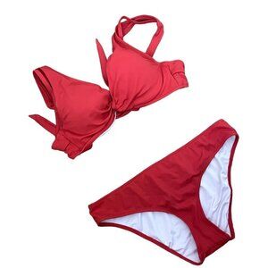 Shade&Shore red bikini swimsuit ribbed detail knit bow detail padded style beach